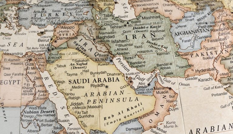 A close-up/macro photograph of Middle East from a desktop globe. Adobe RGB color profile.