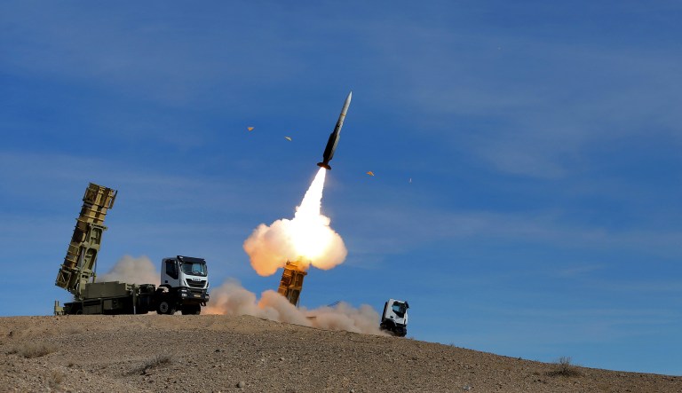 CORRECTS SOURCE TO THE IRANIAN ARMY -- In this photo provided Monday, Nov. 5, 2018, by the Iranian Army, a Sayyad 2 missile is fired by the Talash air defense system during drills in an undisclosed location in Iran. Iran greeted the re-imposition of U.S. sanctions on Monday with air defense drills and a statement from President Hassan Rouhani that the nation faces a "war situation," raising Mideast tensions as America's maximalist approach to the Islamic Republic takes hold.
