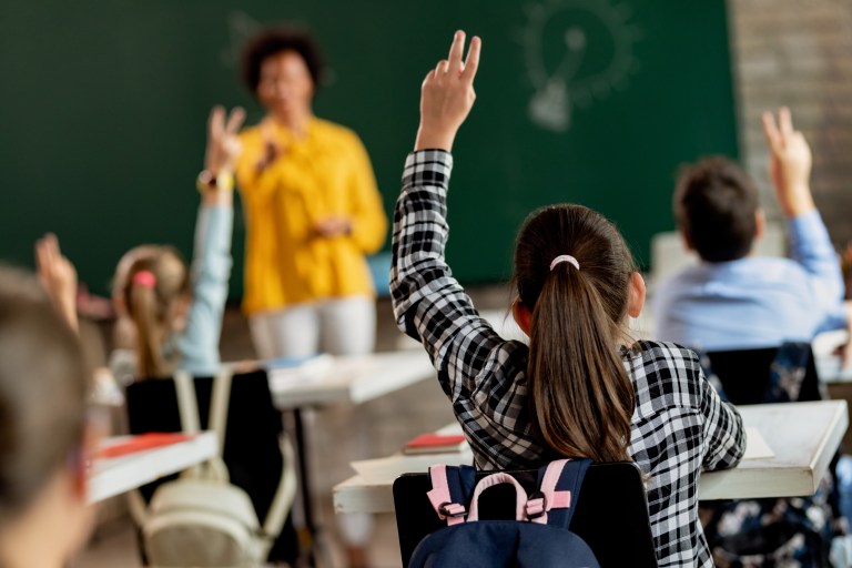 Back view of elementary student raising arm in order to answer a question during a class.