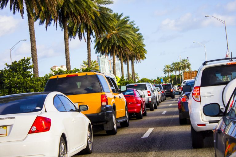 Photo of a traffic jam to Miami Beach. Florida; a total of 7,265 pedestrians were fatally struck by a vehicle in 2020.