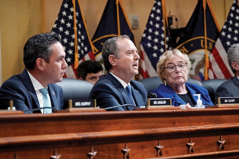 Rep. Adam Schiff (D-CA) speaks as Rep. Zoe Lofgren (D-CA) listens during a hearing on the Jan. 6 riot, Oct. 13, 2022.