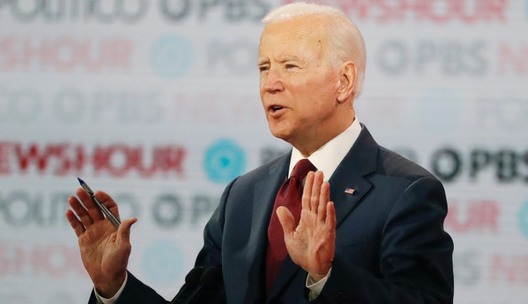Democratic presidential candidate former Vice President Joe Biden speaks to local residents during a bus tour stop, Tuesday, Dec. 3, 2019, in Mason City, Iowa.