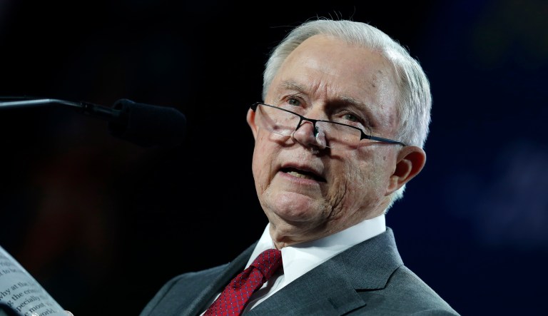 U.S. Attorney General Jeff Sessions makes a point during his speech at the Western Conservative Summit, Friday, June 8, 2018, in Denver.