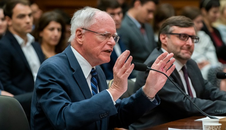 Amb. James Jeffrey, the State Department special representative for Syria engagement and special envoy to the Global Coalition to Defeat ISIS, testifies as the House Foreign Affairs Committee holds a hearing titled, "The Betrayal of our Syrian Kurdish Partners," an examination of President Donald Trump's abrupt decision to withdraw from Syria and its impact on the Kurds and stability in the region, on Capitol Hill in Washington, Wednesday, Oct. 23, 2019. Also testifying, at right, is Principal Deputy Assistant Secretary of State for Near Eastern Affairs Joey Hood.