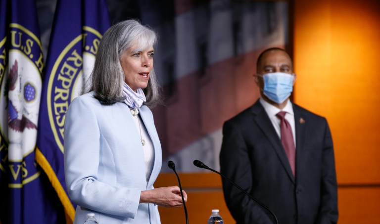 Democratic Caucus Vice Chair, Rep. Katherine Clark, D-Mass., speaks alongsige Chairman Rep. Hakeem Jeffries of N.Y., during a news conference on Capitol Hill in Washington, Monday, June 29, 2020.