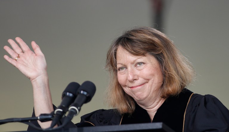 Jill Abramson waves as she speaks at the commencement ceremony at Wake Forest University in Winston-Salem, N.C.