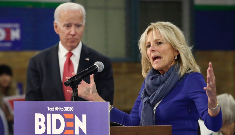 Jill Biden introduces her husband, Democratic presidential candidate former Vice President Joe Biden at a campaign event, Friday, Nov. 8, 2019, in Franklin, N.H.