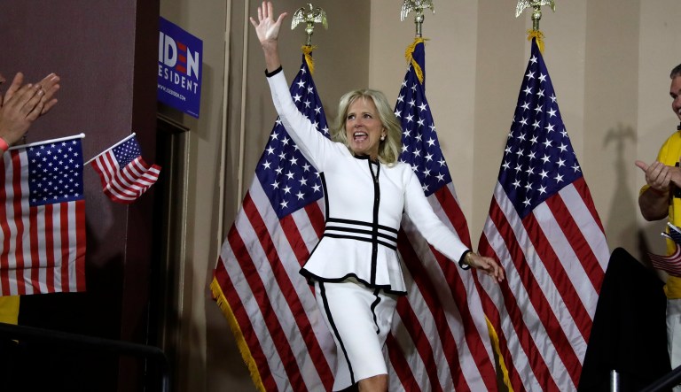 Jill Biden takes the stage before her husband former Vice President and Democratic presidential candidate Joe Biden during a rally at the Teamster Local 249 Hall in Pittsburgh Monday, April 29, 2019.