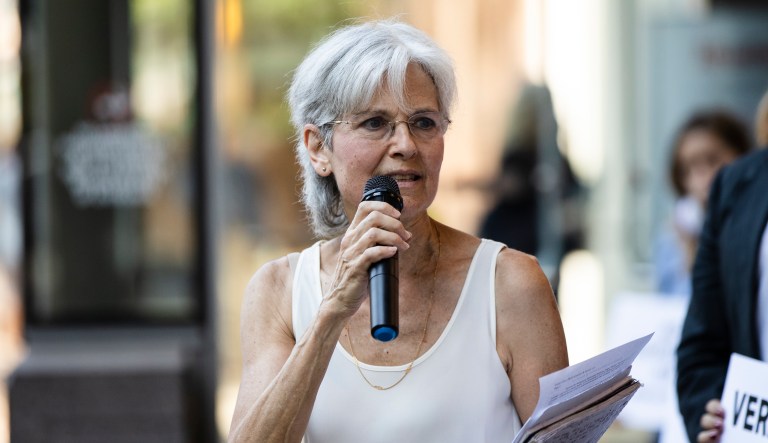 Former Green Party presidential candidate Jill Stein speaks outside the federal courthouse in Philadelphia, Wednesday, Oct. 2, 2019. Stein wants Pennsylvania to block Philadelphia from using new touchscreen machines it's buying ahead of 2020's elections and is threatening court action if it doesn't do so promptly.