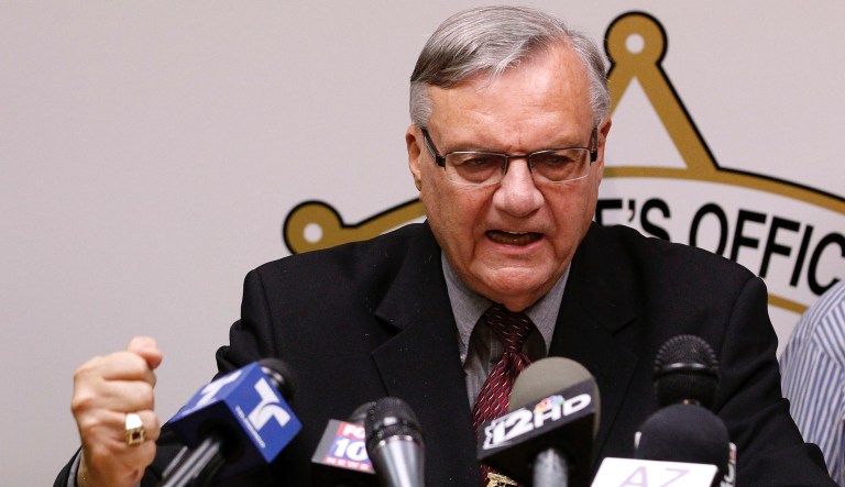FILE - In this Jan. 10, 2018, file photo, former Maricopa County Sheriff and U.S. Senate candidate Joe Arpaio speaks at his office in Fountain Hills, Ariz. An appeals court on Tuesday, April 17, 2018, ordered that a special prosecutor be appointed to defend a court ruling that dismissed the now-pardoned criminal case but didn't erase his criminal record. 