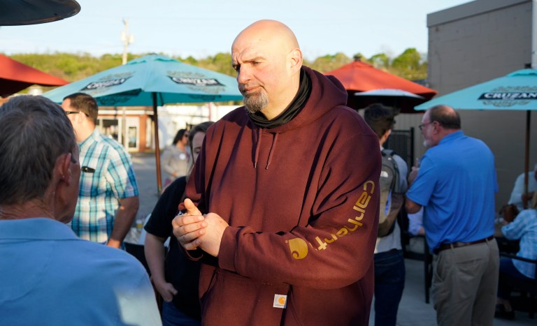 Pennsylvania Lt. Gov. John Fetterman, greets supporters at a campaign stop on May 10, 2022, in Greensburg, Pennsylvania.
