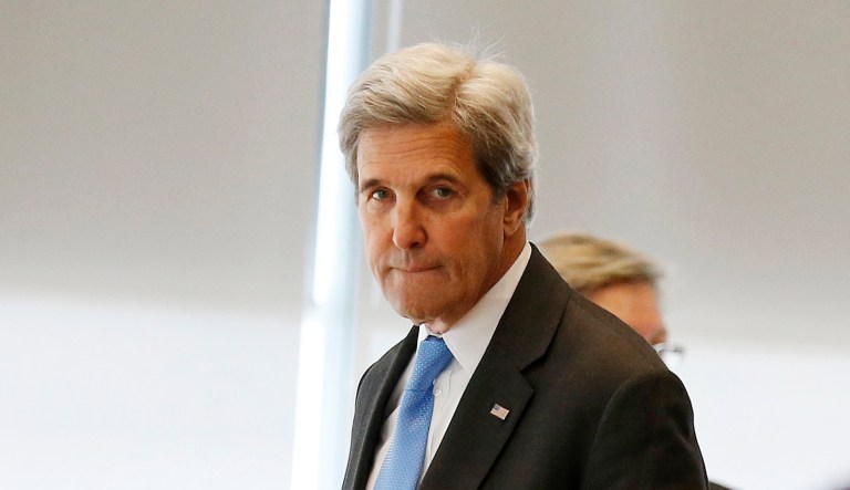 Secretary of State John Kerry arrives for a conference on climate change and innovation in clean energy at the Massachusetts Institute of Technology in Cambridge, Mass., Monday, Jan. 9, 2017.