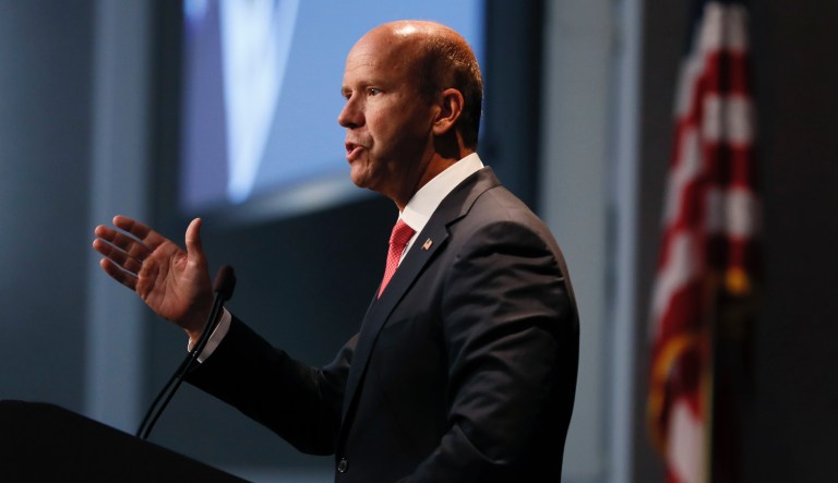 Democratic presidential candidate former Rep. John Delaney speaks at the Iowa Federation of Labor convention, Wednesday, Aug. 21, 2019, in Altoona, Iowa. 