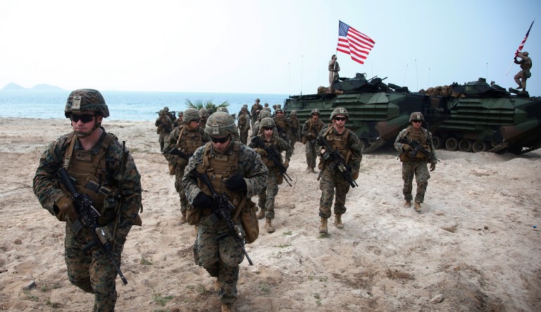 U.S. Marines join in an ongoing U.S.-Thai joint Cobra Gold U.S.-Thai joint military exercise on Hat Yao beach in Chonburi province, eastern Thailand, Saturday, Feb. 17, 2018. Approximately 11,000 military personnel from the  U.S., Thailand, and South Korea are taking part in the annual drill.