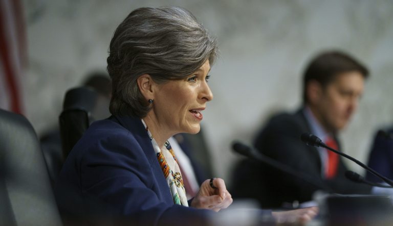 Sen. Joni Ernst, R-Iowa, questions Attorney General nominee William Barr during a Senate Judiciary Committee hearing on Capitol Hill in Washington, Tuesday, Jan. 15, 2019. 