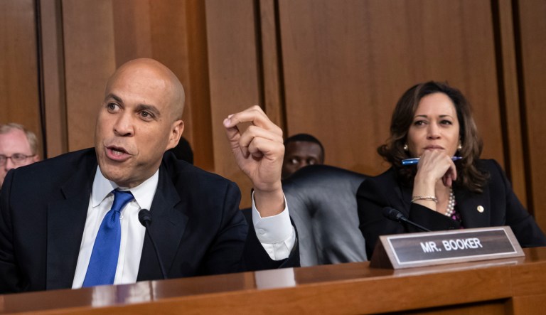 Sen. Cory Booker, D-N.J., and Sen. Kamala Harris, D-Calif., right, and other Democrats on the Senate Judiciary Committee appeal to Chairman Chuck Grassley, R-Iowa, to delay the confirmation hearing of President Donald Trump's Supreme Court nominee, Brett Kavanaugh, on Capitol Hill in Washington, Tuesday, Sept. 4, 2018.