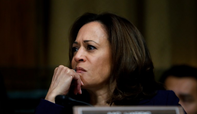 FILE - In this Sept. 28, 2018, file photo, Sen. Kamala Harris, D-Calif. attends a Senate Judiciary Committee meeting on Capitol Hill in Washington. Their campaigns are not yet official, but some Democrats are beginning to frame the 2020 fight on their terms.
