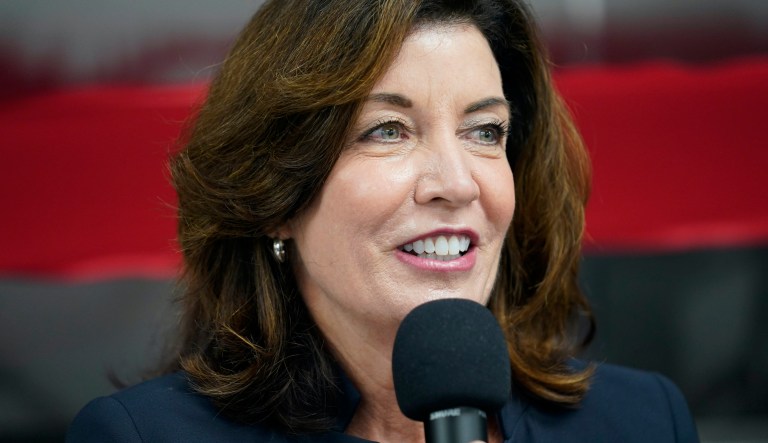 Governor of New York Kathy Hochul speaks in the Bronx borough of New York.