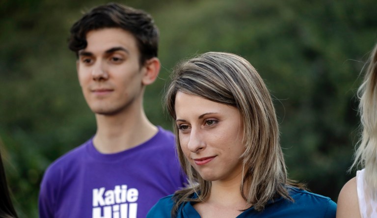 Katie Hill, a Democratic party candidate from California's 25th congressional district, right, poses for campaign photos Monday, Nov. 5, 2018, in Stevenson Ranch, Calif. 