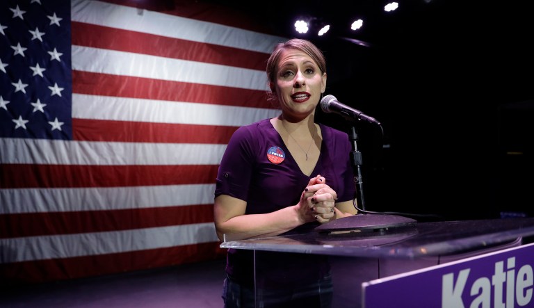 Katie Hill, a Democratic Party candidate from California's 25th congressional district speaks to supporters during an election watch party Tuesday, Nov. 6, 2018, in Santa Clarita, Calif. Hill is running against Republican incumbent Steve Knight.