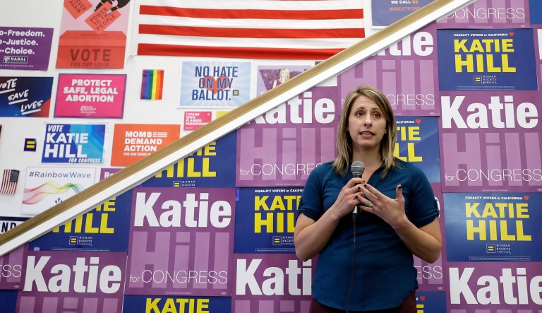 Katie Hill, a Democratic party candidate from California's 25th Congressional District, speaks to staff and volunteers, Monday, Nov. 5, 2018, in Stevenson Ranch, Calif. Hill is running against Republican incumbent Steve Knight.