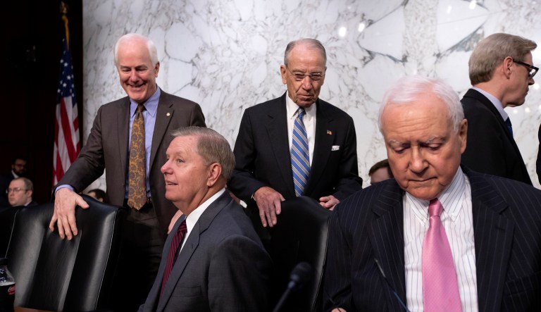 Republican members of the Senate Judiciary Committee, from left, Sen. John Cornyn, R-Texas, Sen. Lindsey Graham, R-S.C., Chairman Chuck Grassley, R-Iowa, and Sen. Orrin Hatch, R-Utah, arrive for the second day of the confirmation hearing for Supreme Court nominee Brett Kavanaugh, on Capitol Hill in Washington, Wednesday, Sept. 5, 2018.
