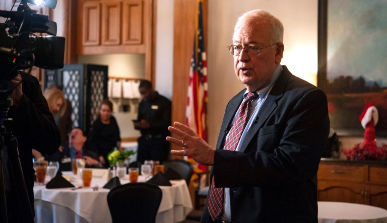 Former U.S. solicitor general and independent counsel Kenneth W. Starr speaks to the media during a press conference before his presentation at a luncheon for The Rotary Club of Tyler at Hollytree Country Club in Tyler, Texas, on Thursday Dec. 13, 2018.