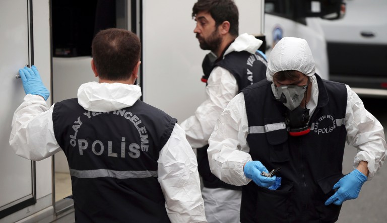 Turkish police officers prepare to enter the residence of the Saudi consul General Mohammed al-Otaibi to conduct a search after the disappearance and alleged slaying of writer Jamal Khashoggi, in Istanbul, Wednesday, Oct. 17, 2018. A pro-government Turkish newspaper on Wednesday published a gruesome recounting of the alleged slaying of Saudi writer Khashoggi at the Saudi Consulate in Istanbul, just as America's top diplomat arrived in the country for talks over the Washington Post columnist's disappearance.