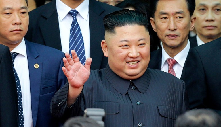 North Korean leader Kim Jong Un waves upon arrival by train in Dong Dang in Vietnamese border town Tuesday, Feb. 26, 2019, ahead of his second summit with President Trump.