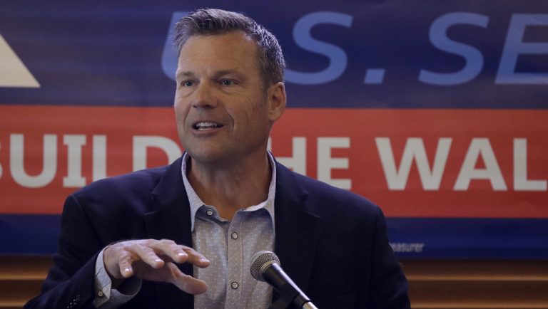 Former Kansas Secretary of State Kris Kobach addresses the crowd as he announces his candidacy for the Republican nomination for the U.S. Senate Monday, July 8, 2019, in Leavenworth, Kan.