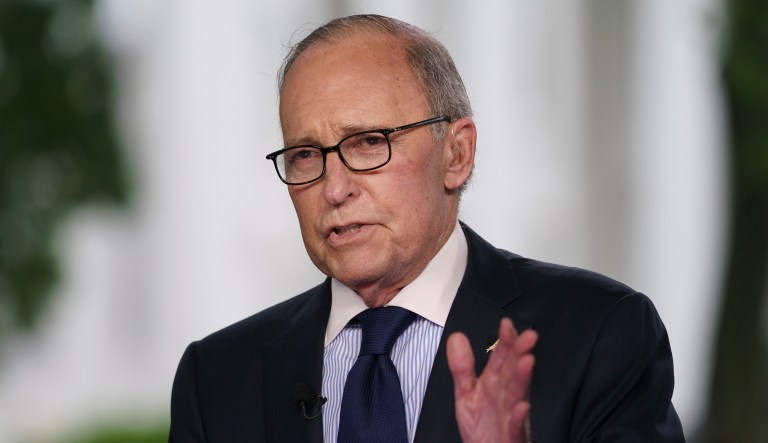 White House chief economic adviser Larry Kudlow speaks during a television interview outside the West Wing of the White House, in Washington, Friday, May 18, 2018.