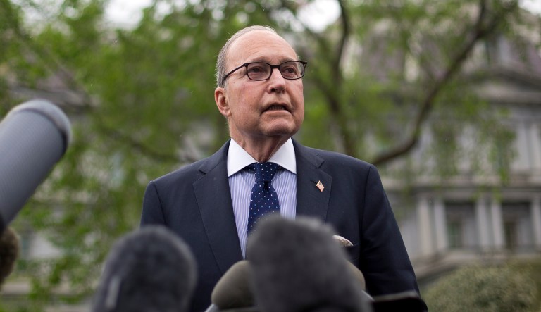 White House chief economic adviser Larry Kudlow speaks to members of the media outside the West Wing of the White House in Washington, Monday, April 15, 2019.