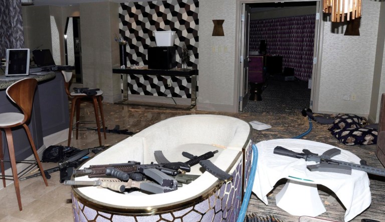 FILE - This October 2017 file evidence photo released by the Las Vegas Metropolitan Police Department Force Investigation Team Report shows the interior of Stephen Paddock's 32nd floor room of the Mandalay Bay hotel in Las Vegas after the Oct. 1, 2017 mass shooting. Police in Las Vegas said Thursday, Jan. 3, 2019, they have finished releasing audio, video and written records about the investigation of the deadliest mass shooting in modern U.S. history.