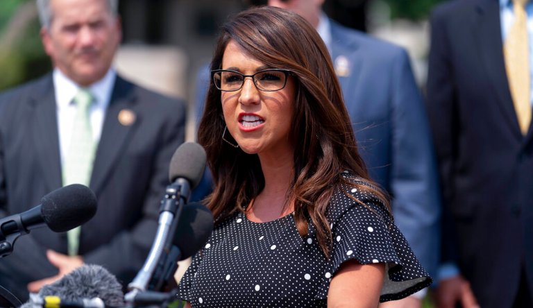 FILE - In this July 29, 2021, file photo, Rep. Lauren Boebert, R-Colo., speaks at a news conference held by members of the House Freedom Caucus on Capitol Hill in Washington.