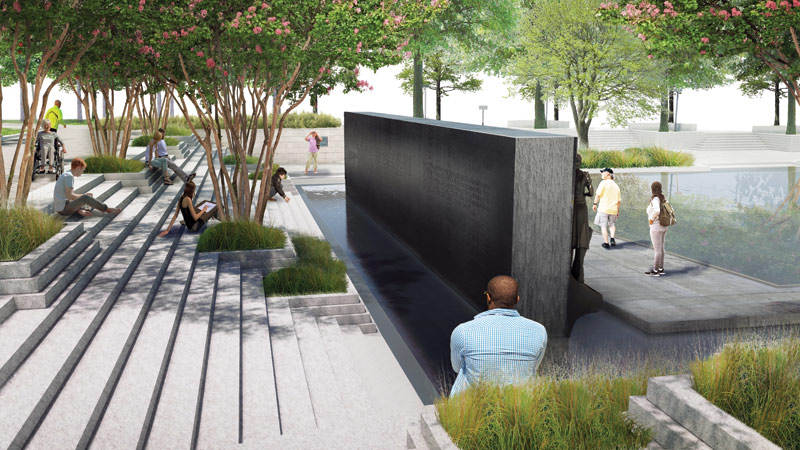 Rendering of architect Joe Weishaar’s freestanding wall concept, with Howard’s frieze facing the shallow pool.