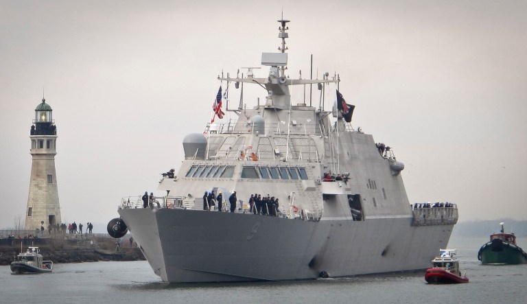 The new USS Little Rock arrives at Buffalo harbor with a police and fireboat escort, Monday, Dec. 4, 2017, in Buffalo, N.Y. The littoral combat ship will be docked on the Lake Erie waterfront until its commissioning Dec. 16, 2017.