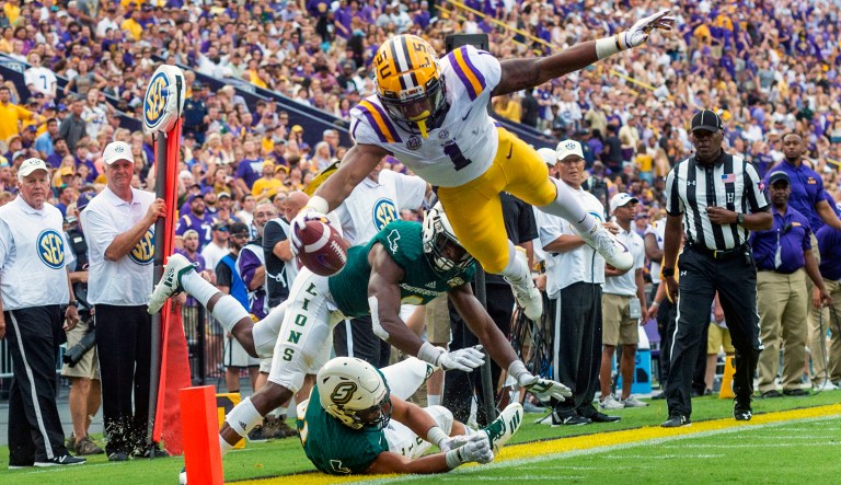 LSU wide receiver Ja'Marr Chase dives into the end zone during an NCAA college football game against Southeast Louisiana, Saturday, Sept. 8, 2018 in Baton Rouge, La.