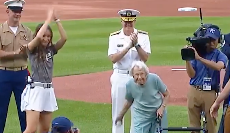 Mabel Johnson, 106, throws out the first pitch at the Kansas City Royals baseball game on Friday.
