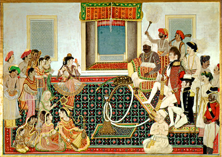Prince Mahadji Scindia (1761-94) entertaining two British officers (both Army and Navy) with a ‘nautch’ (traditional dance), painted ca. 1820