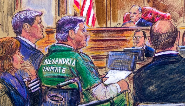 This courtroom sketch depicts former Trump campaign chairman Paul Manafort, center in a wheelchair, during his sentencing hearing in federal court before judge T.S. Ellis III in Alexandria, Va., Thursday, March 7, 2019.