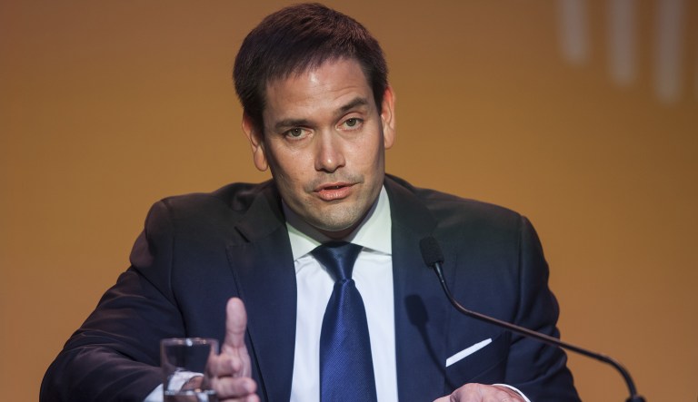 Senator Marco Rubio, a Republican from Florida, speaks during a press conference at the CEO Summit of the Americas in Lima, Peru, on Saturday, April 14, 2018. The conference brings together leading CEOs and heads of state from the Americas region to analyze opportunities to promote economic growth and investment.
