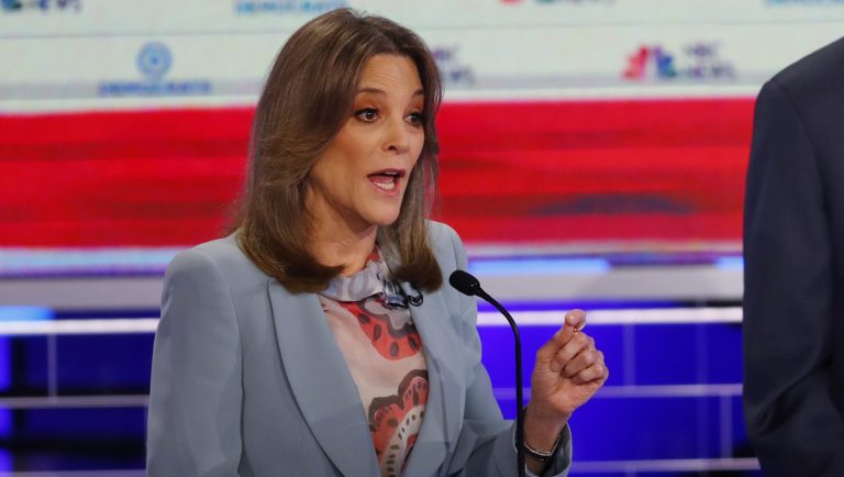 Democratic presidential candidate author Marianne Williamson, speaks during the Democratic primary debate hosted by NBC News at the Adrienne Arsht Center for the Performing Art, Thursday, June 27, 2019, in Miami. 