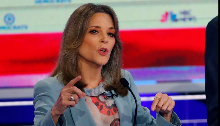Democratic presidential candidate author Marianne Williamson speaks during the Democratic primary debate hosted by NBC News at the Adrienne Arsht Center for the Performing Arts, Thursday, June 27, 2019, in Miami.
