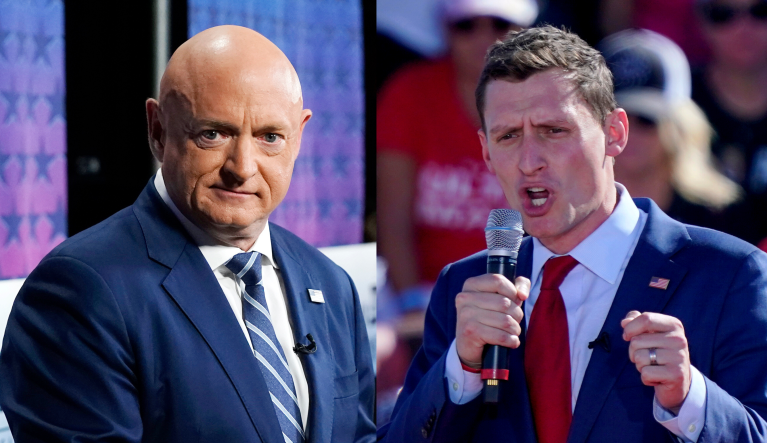 From left to right: Sen. Mark Kelly (D-AZ) and Republican Senate candidate Blake Masters are seen.