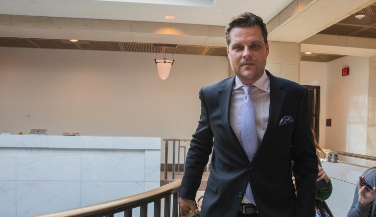 Rep. Matt Gaetz, R-Fla., walks to speak to reporters on Capitol Hill in Washington, Monday, Oct. 14, 2019. 
