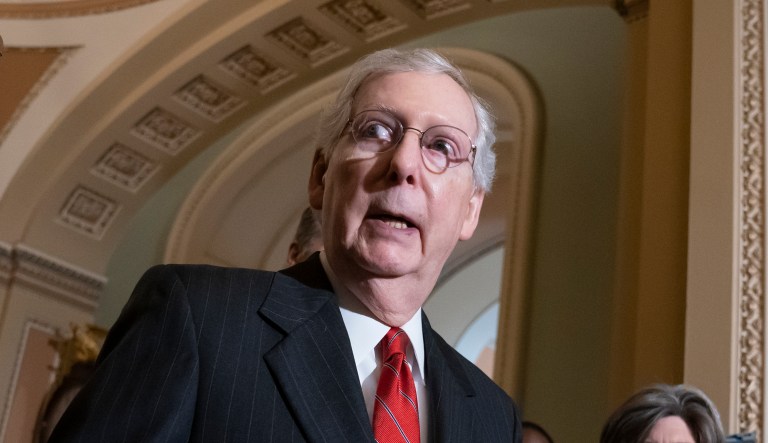 Senate Majority Leader Mitch McConnell, R-Ky., joined at left by Majority Whip John Thune, R-S.D., and Sen. Joni Ernst, R-Iowa, speaks to reporters at the Capitol after meeting with Vice President Mike Pence and U.S. trade representative Robert Lighthizer in Washington, Tuesday, May 21, 2019.