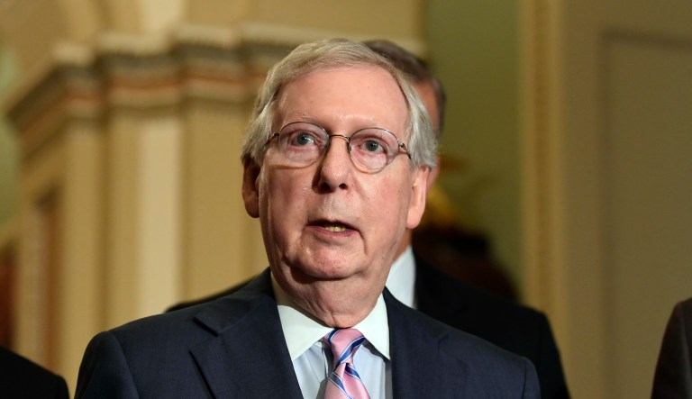 Senate Majority Leader Mitch McConnell of Ky., center, speaks to reporters on Capitol Hill in Washington, Tuesday, July 10, 2018.