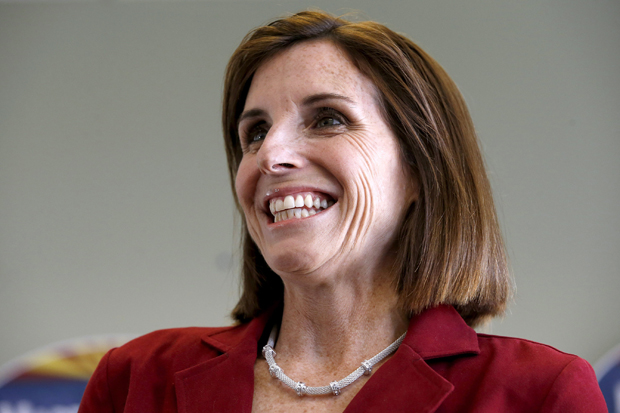 Oct 6, 2020; Phoenix, Arizona, USA; U.S. Sen. Martha McSally, R-Ariz. prepares to debate Democratic challenger Mark Kelly at the Walter Cronkite School of Journalism at Arizona State University.                        