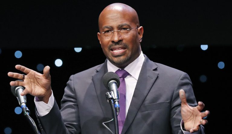 REFORM Alliance CEO Van Jones gestures as he speaks at the launch of a partnership among recording entertainment moguls, recording artists, business and sports leaders who hope to transform the American criminal justice system, Wednesday, Jan. 23, 2019, in New York.