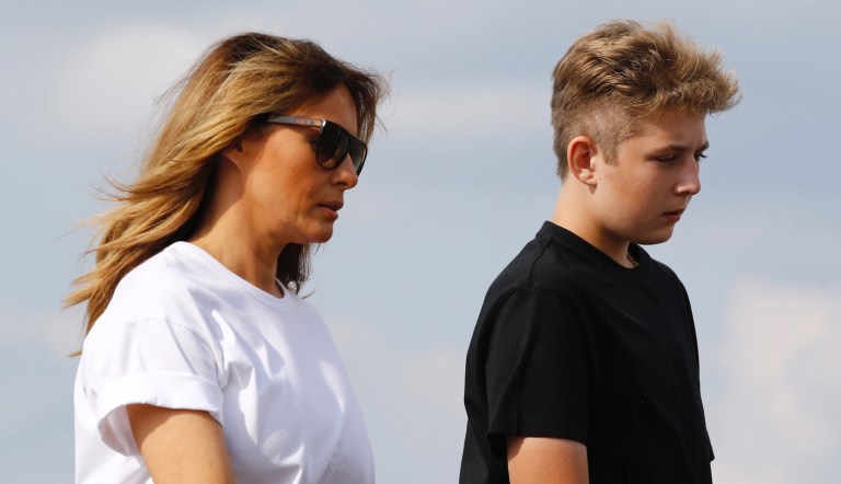 First lady Melania Trump and son Barron Trump walk to Air Force One at Morristown Municipal Airport in Morristown, N.J., Sunday, Aug. 18, 2019, en route to Andrews Air Force Base, Md. 